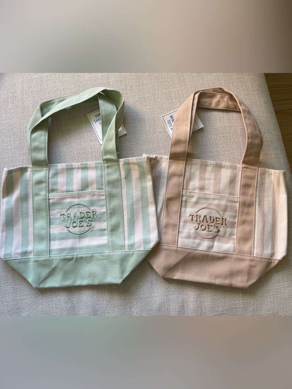 Trader Joe’s Pastel Stripe Tote Bag - Green & Tan   Set of 2. NEW